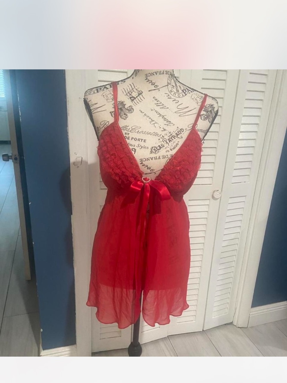 Je T’Adore Red Lace & Chiffon Satin-Tie Babydoll Chemise